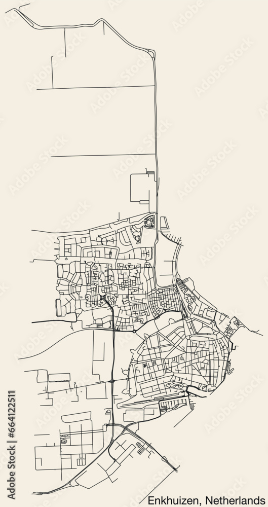 Fototapeta premium Detailed hand-drawn navigational urban street roads map of the Dutch city of ENKHUIZEN, NETHERLANDS with solid road lines and name tag on vintage background