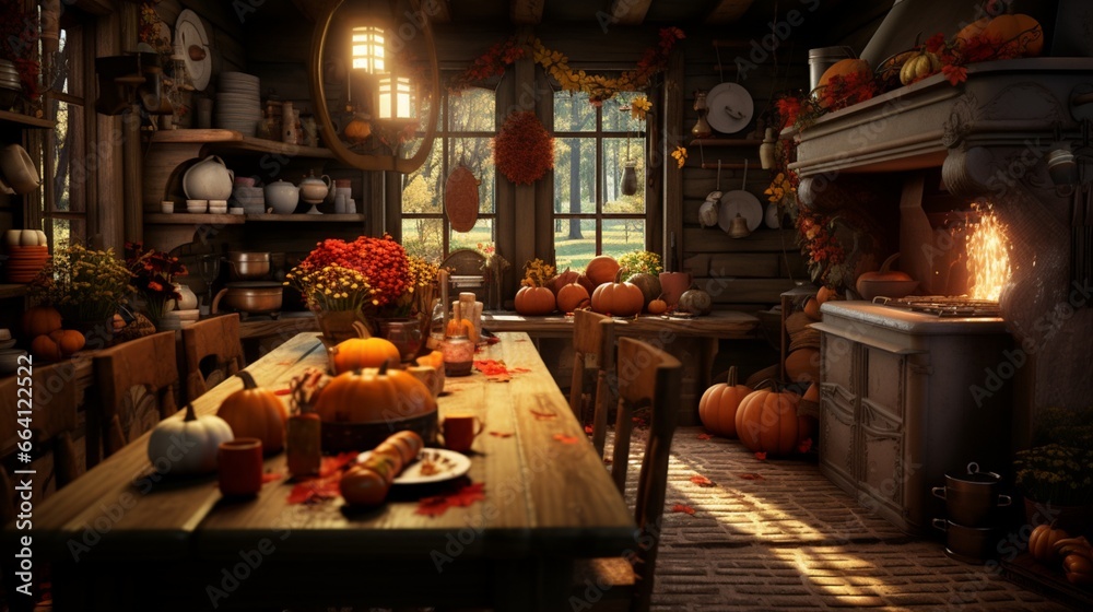 An inviting kitchen with rich wooden accents, autumn-themed table settings, and the HD camera capturing the warmth of a fall harvest atmosphere.