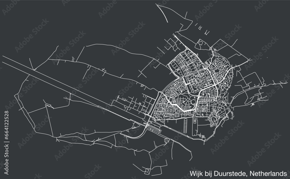 Detailed hand-drawn navigational urban street roads map of the Dutch city of WIJK BIJ DUURSTEDE, NETHERLANDS with solid road lines and name tag on vintage background
