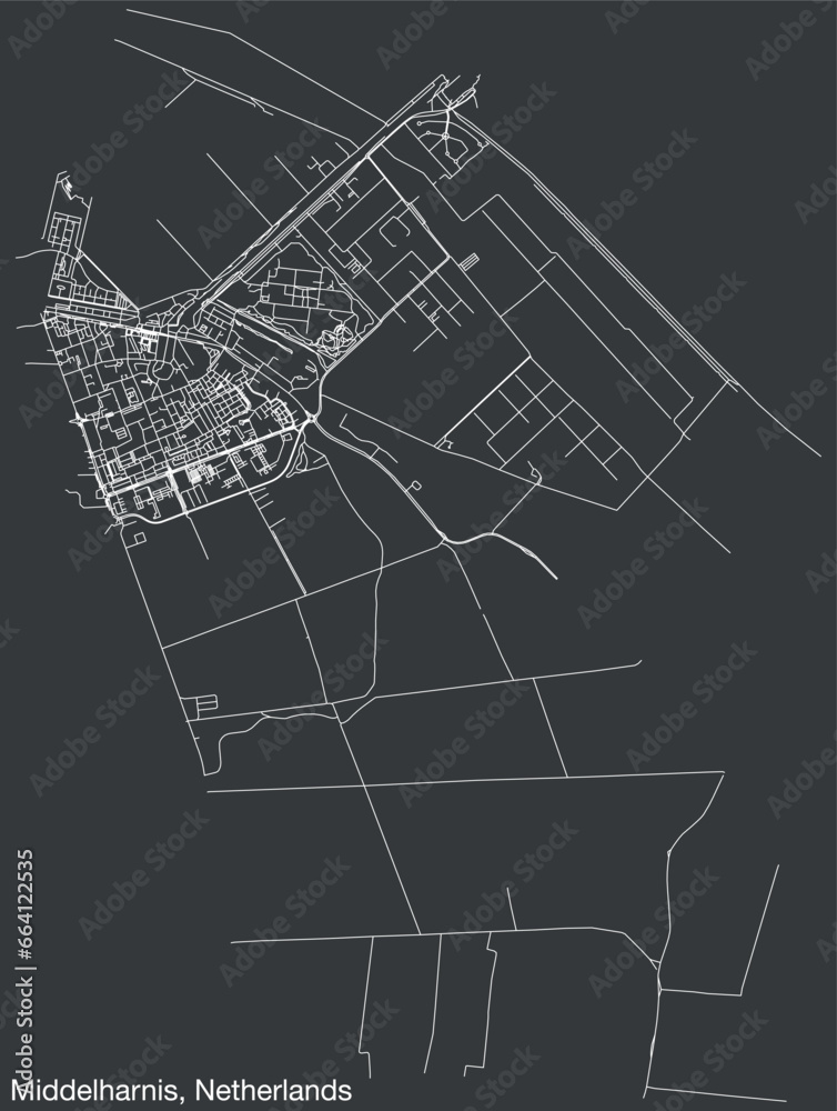 Detailed hand-drawn navigational urban street roads map of the Dutch city of MIDDELHARNIS, NETHERLANDS with solid road lines and name tag on vintage background