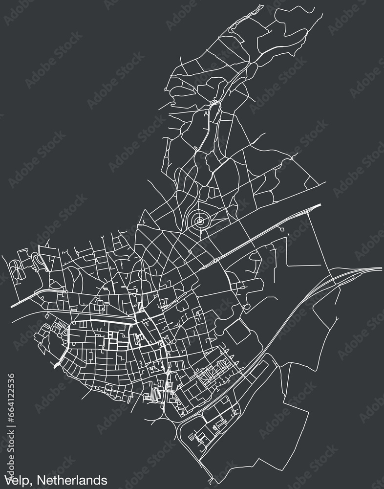 Detailed hand-drawn navigational urban street roads map of the Dutch city of VELP, NETHERLANDS with solid road lines and name tag on vintage background
