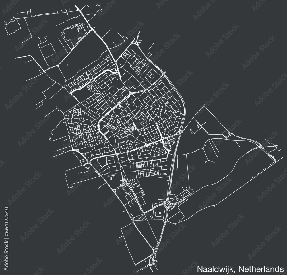 Detailed hand-drawn navigational urban street roads map of the Dutch city of NAALDWIJK, NETHERLANDS with solid road lines and name tag on vintage background