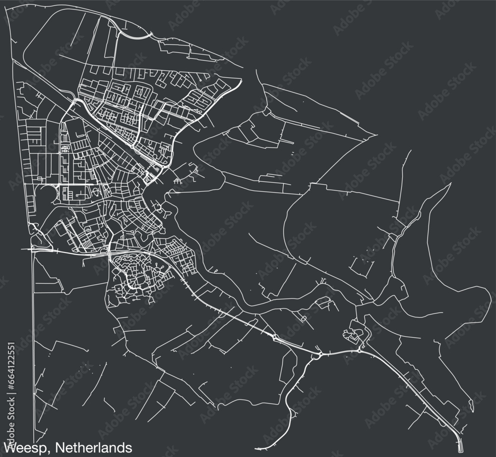 Detailed hand-drawn navigational urban street roads map of the Dutch city of WEESP, NETHERLANDS with solid road lines and name tag on vintage background