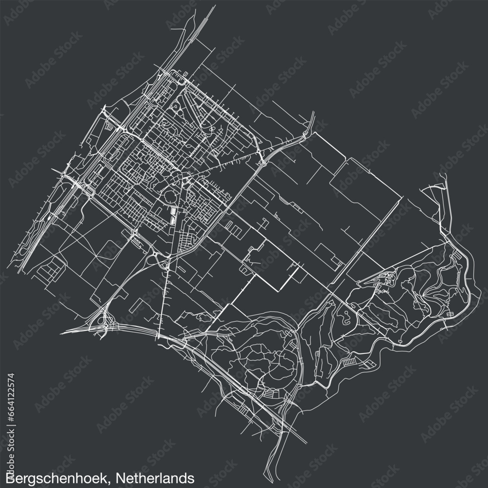 Detailed hand-drawn navigational urban street roads map of the Dutch city of BERGSCHENHOEK, NETHERLANDS with solid road lines and name tag on vintage background