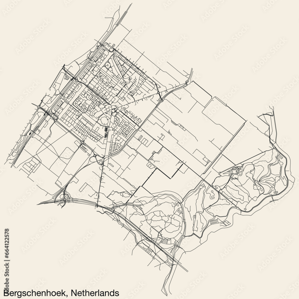 Detailed hand-drawn navigational urban street roads map of the Dutch city of BERGSCHENHOEK, NETHERLANDS with solid road lines and name tag on vintage background