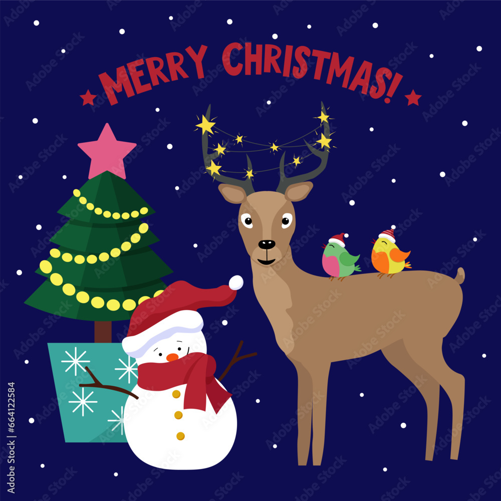 Snowman, deer and cute birds. Decorative Christmas tree in a pot. Christmas card template. Vector illustration. For packaging, congratulations and invitations, web pages and social networks.