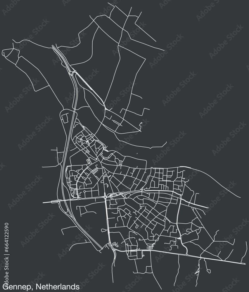 Detailed hand-drawn navigational urban street roads map of the Dutch city of GENNEP, NETHERLANDS with solid road lines and name tag on vintage background