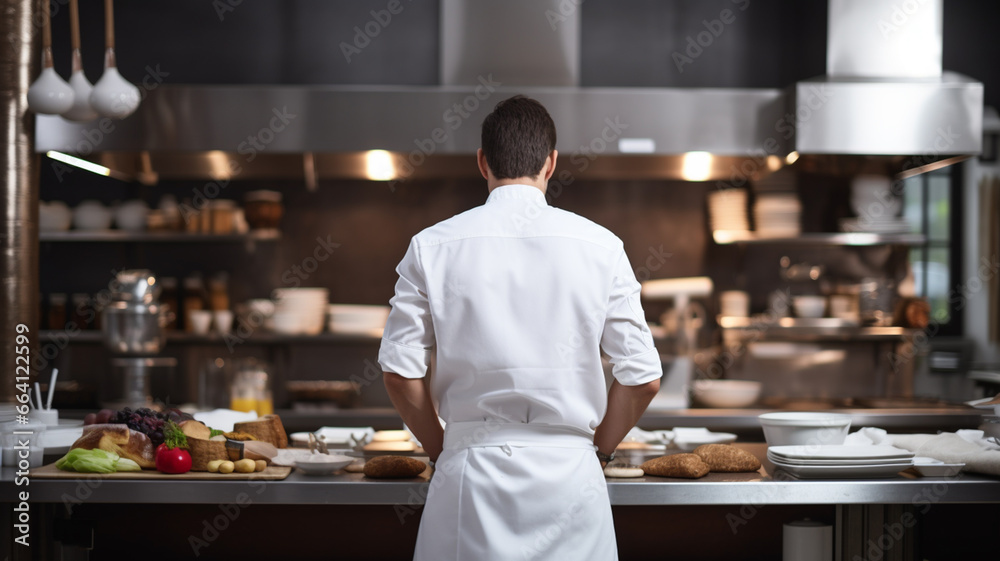 Back view of a young male chef standing in the kitchen of a restaurant generativa IA Back view of a young male chef standing in the kitchen of a restaurant generativa IA