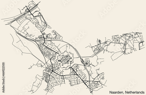 Detailed hand-drawn navigational urban street roads map of the Dutch city of NAARDEN, NETHERLANDS with solid road lines and name tag on vintage background