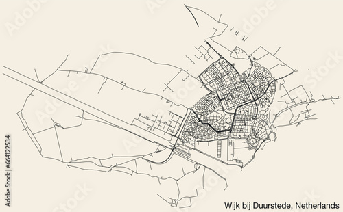 Detailed hand-drawn navigational urban street roads map of the Dutch city of WIJK BIJ DUURSTEDE, NETHERLANDS with solid road lines and name tag on vintage background photo
