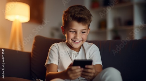 Boy using phone to play games. Little funny boy playing smartphone game while sitting on sofa at home. Gadget addiction. Mobile addict concept.