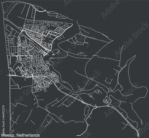 Detailed hand-drawn navigational urban street roads map of the Dutch city of WEESP, NETHERLANDS with solid road lines and name tag on vintage background