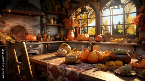 An inviting kitchen with rich wooden accents  autumn-themed table settings  and the HD camera capturing the warmth of a fall harvest atmosphere.