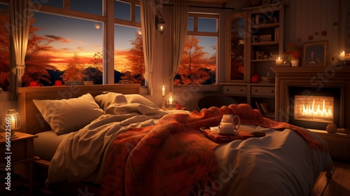 A cozy bedroom with autumn-themed bedding and warm lighting, the HD camera emphasizing the comfort and seasonal charm of this inviting space.