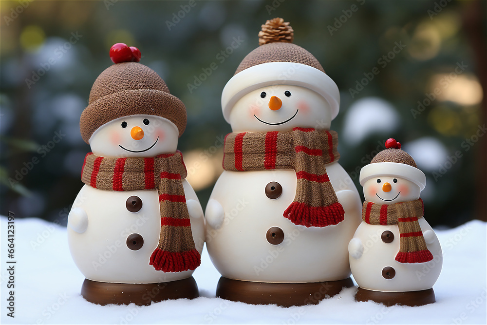 A Family of Snowmen in the Snow outside