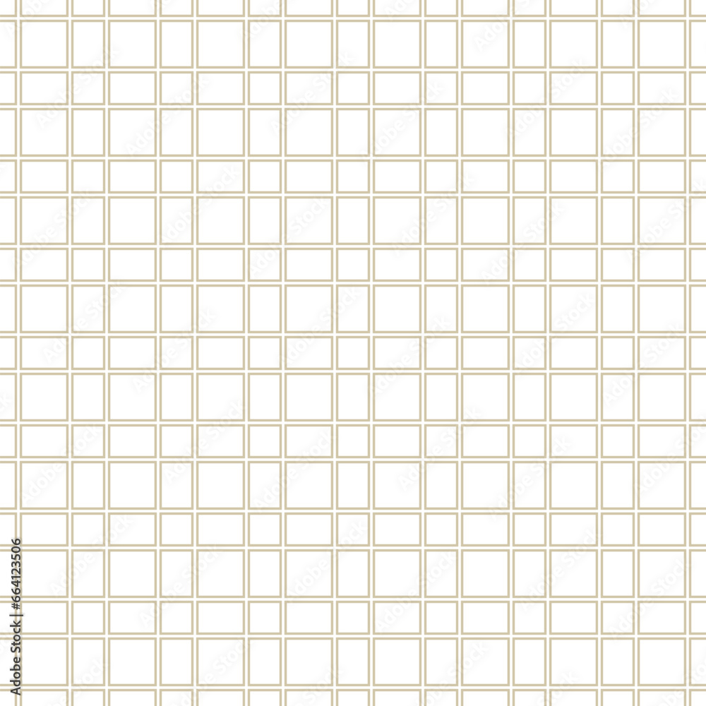 Golden square grid seamless pattern. Abstract minimal gold and white geometric texture. Simple vector minimalist background with linear lattice, grid, net, mesh, grill. Repeated luxury geo design