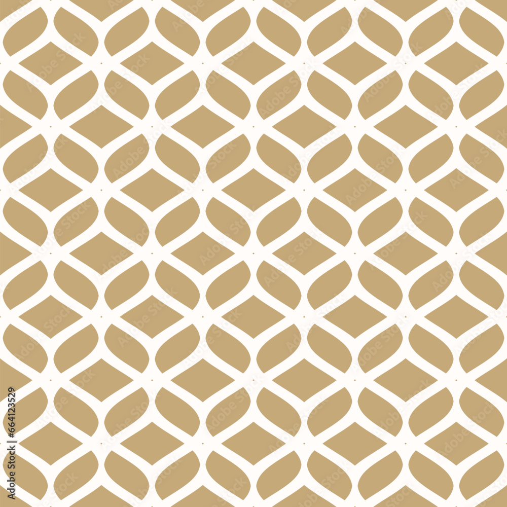 Vector golden mesh seamless pattern. Abstract background with curved lines, wavy shapes. Elegant texture of mesh, lace, weaving, net, lattice. Gold and white ornament. Simple modern repeat geo design