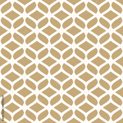 Vector golden mesh seamless pattern. Abstract background with curved lines, wavy shapes. Elegant texture of mesh, lace, weaving, net, lattice. Gold and white ornament. Simple modern repeat geo design