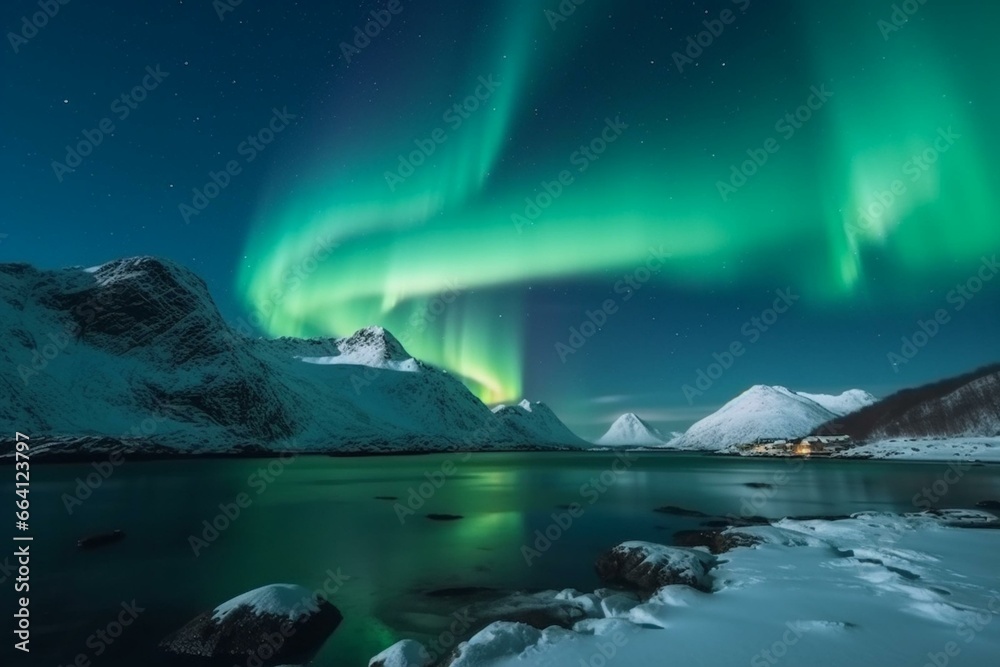 Stunning winter night in Norway with the magical Northern Lights dancing over the snow-covered Lofoten Islands landscape. Generative AI