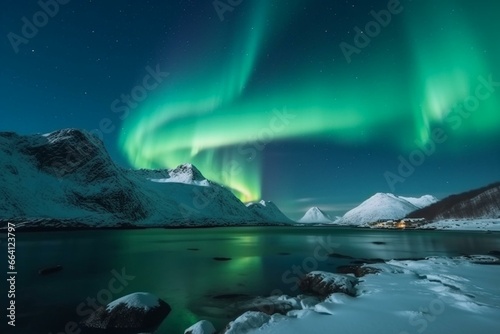 Stunning winter night in Norway with the magical Northern Lights dancing over the snow-covered Lofoten Islands landscape. Generative AI © Charles
