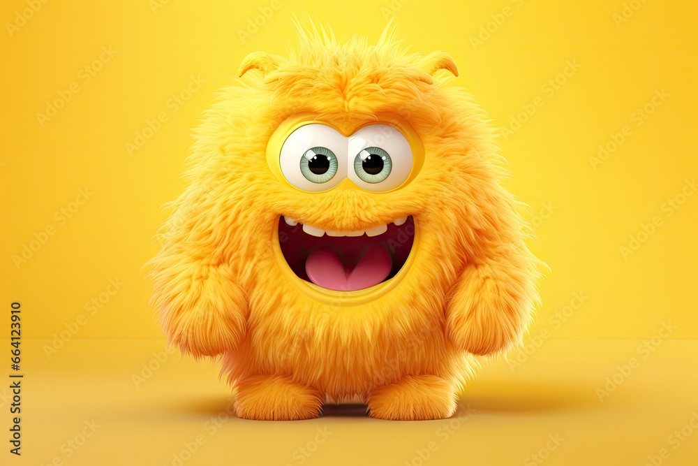 Funny fluffy monster isolated on clear bright yellow background. Happy and furry little monster. Cute yeti. Halloween character