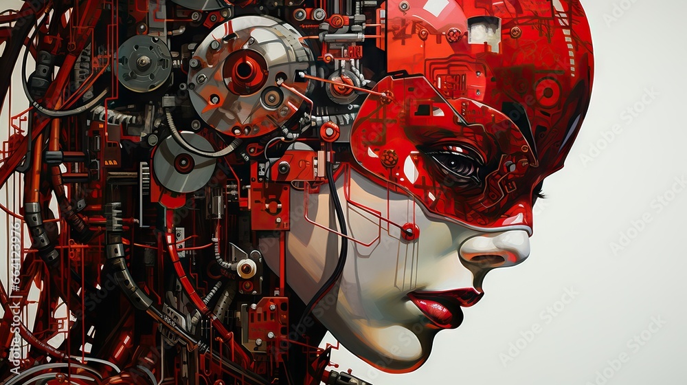 female cyborg in red