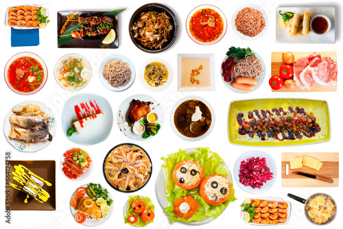 Top view of many plates with tasty food over white background