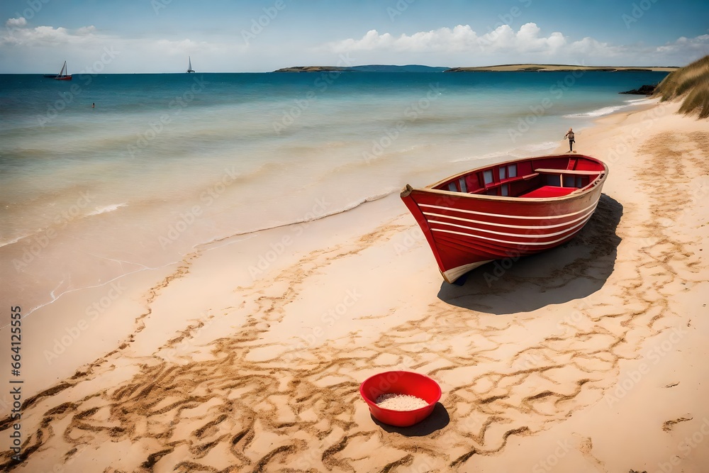 A boat on the beach, A serene scene by the tranquil shore, where a pristine white and red boat rests on the sandy beach during a sun-drenched daytime