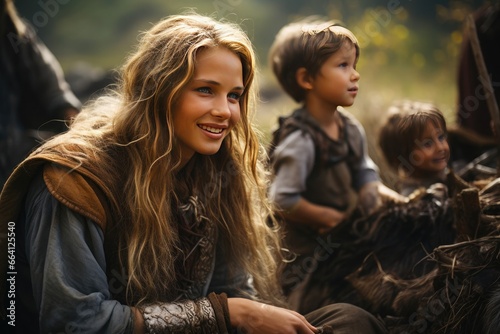 Viking woman with her children outside the village photo