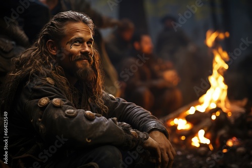Viking warrior happy and sitting around his village game