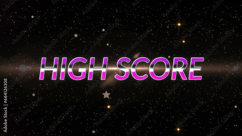 Animation of high score with stars and moving lens flare against black background