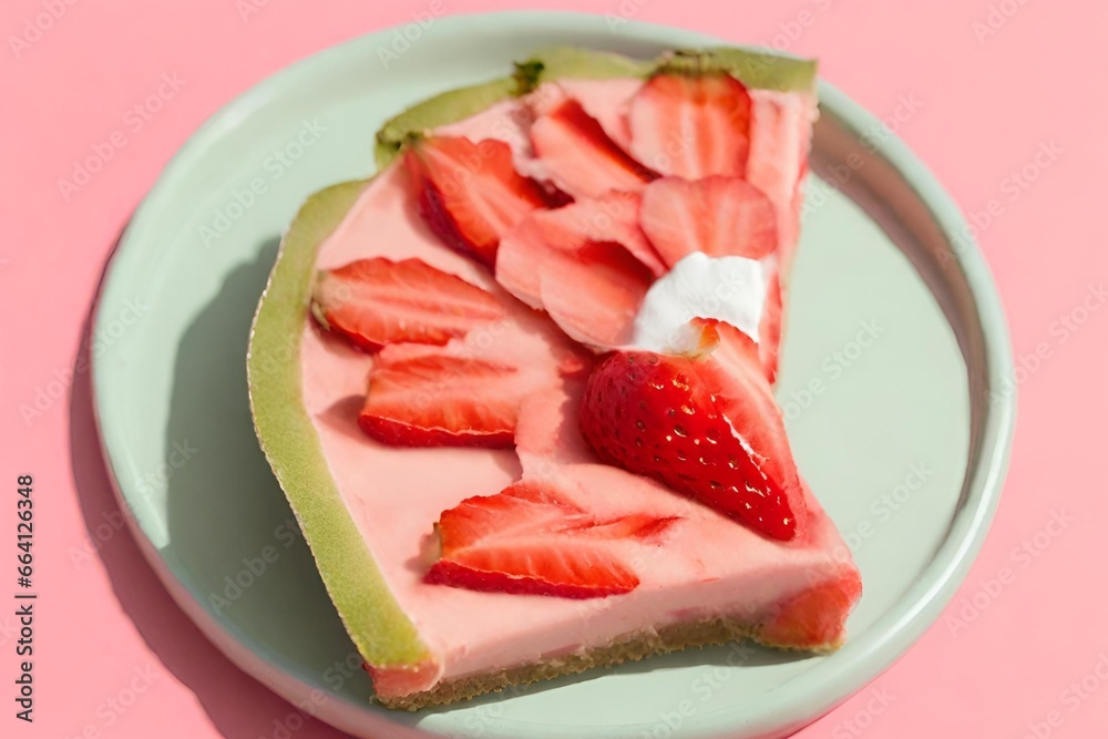 Strawberries pie on pink background,