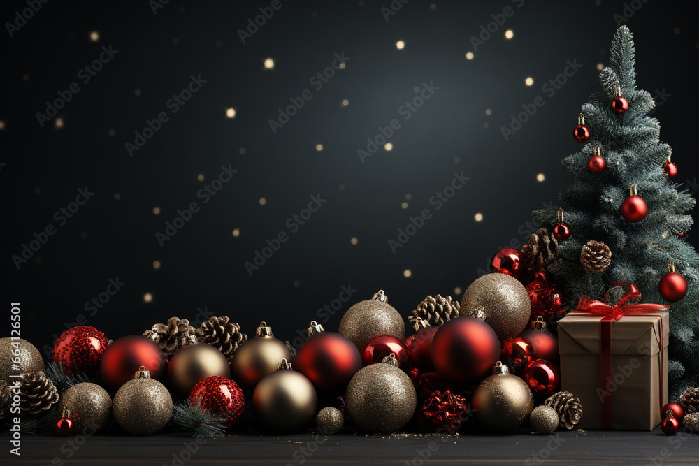 Ai Generative Christmas banner with copy space for text, santa claus celebrate with giftboxes, fir tree branches and red ornaments, dark color background Ai Generative Christmas banner with copy space for text, santa claus celebrate with giftboxes, fir tree branches and red ornaments, dark color background