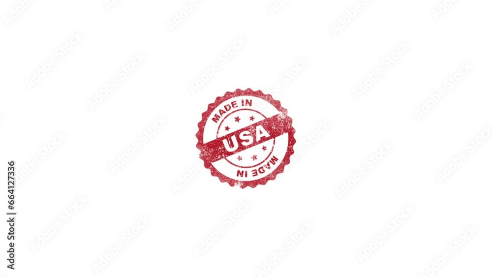 Made In USA Badge Animation with red ink, USA badge seal certificate with stars.