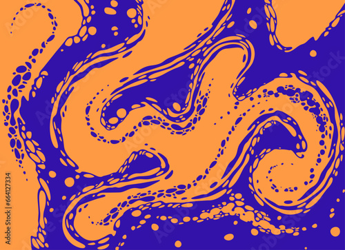 A two-color vector design of ink marbling or inkscape style graphic background, with swirly flows of yellow and blue ink or paint.