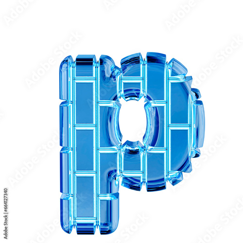 Symbol made of blue ice vertical bricks. letter p