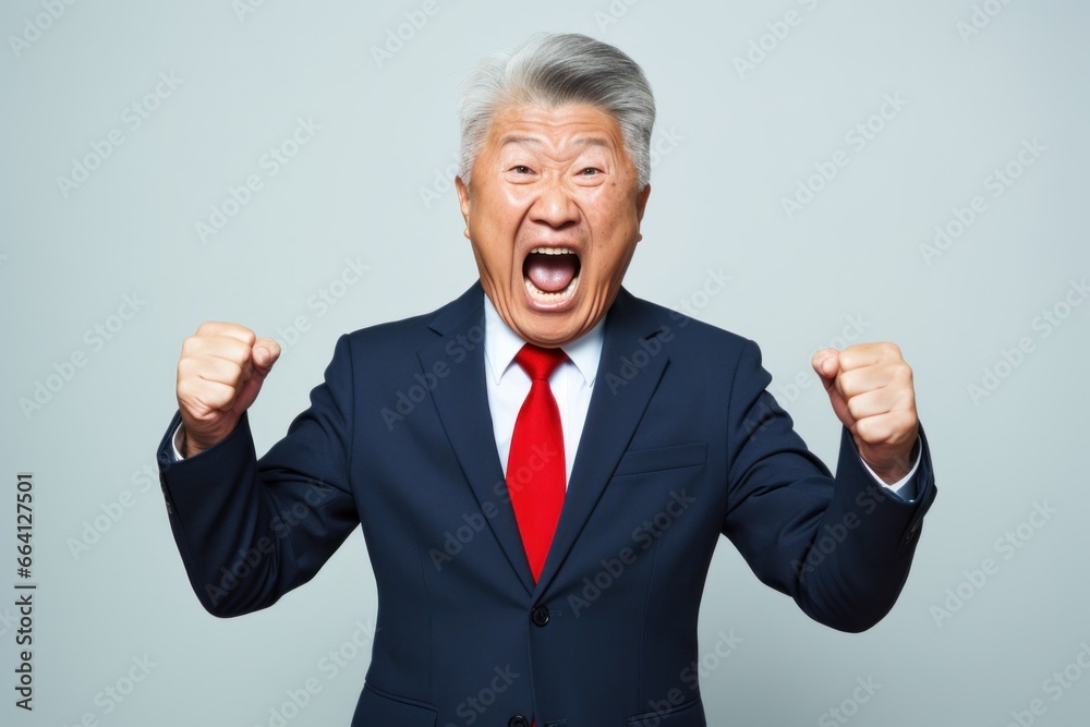 Asian businessman in suit fired up and excited Asian businessman in suit fired up and excited
