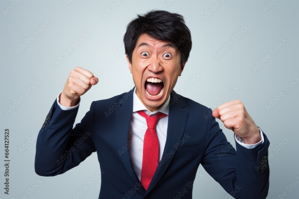 Asian businessman in suit fired up and excited Asian businessman in suit fired up and excited