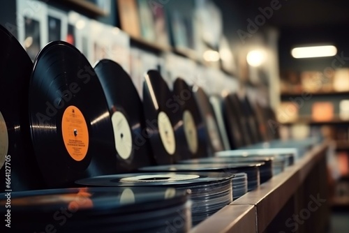 Shelf of vinyl records with music store background. Generative AI © David