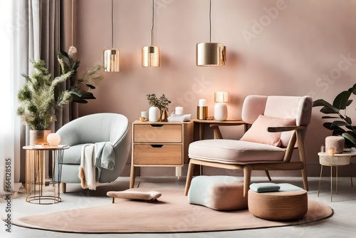 dining room interior design, A stylish composition of a modern living room interior with a frotte armchair, wooden commode, side table, and elegant home accessories © SANA
