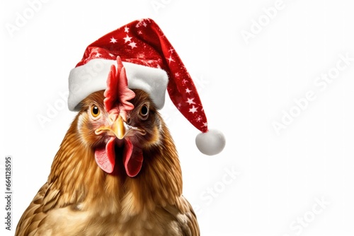chicken wearing christmas hat on white background