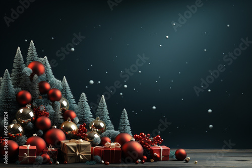 Ai Generative Christmas banner with copy space for text, santa claus celebrate with giftboxes, fir tree branches and red ornaments, dark color background 