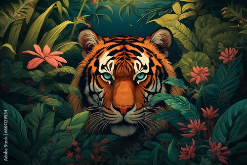 Symbolic illustration  tiger surrounded by lush plants. Generative AI