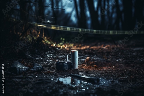 Dark crime scene marked with evidence. Generative AI