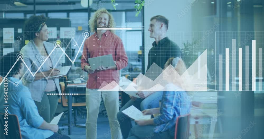 Animation of statistical data processing against diverse colleagues discussing and smiling at office Animation of statistical data processing against diverse colleagues discussing and smiling at office