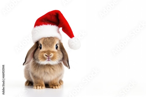 Bunny wearing a Christmas hat on a white background