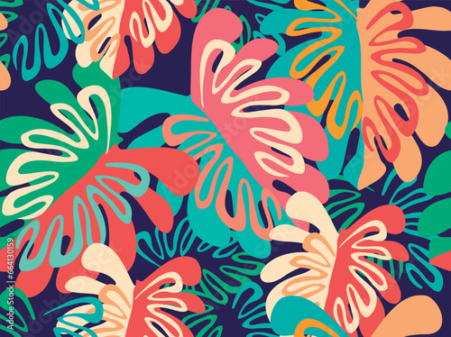 tropical pattern with multicolored hand drawn minimalistic elements. tropical monstera leaves pattern perfect for textil and decoration