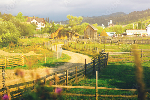 Illustration of old Sadova village in Karpaty on Bucovina in Romania. photo