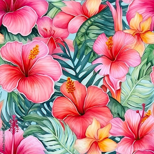 Tropical seamless pattern with bright hibiscus flowers and exotic palm leaves on white background. Exotic floral jungle backdrop. Botanical wallpaper in Hawaiian style