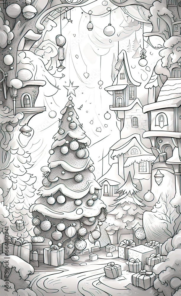 Naklejka premium Christmas theme line art doodle cartoon pattern seamless illustration, Merry Christmas